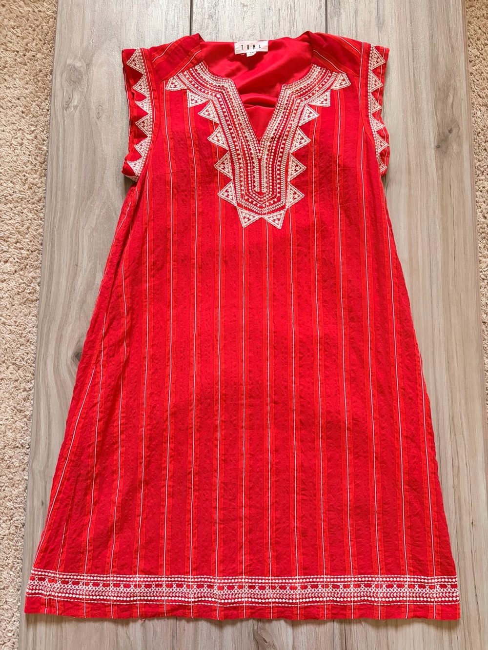 THML XS Red Embroidered Shift Dress Boho Sleeveless Cotton Blend Lined